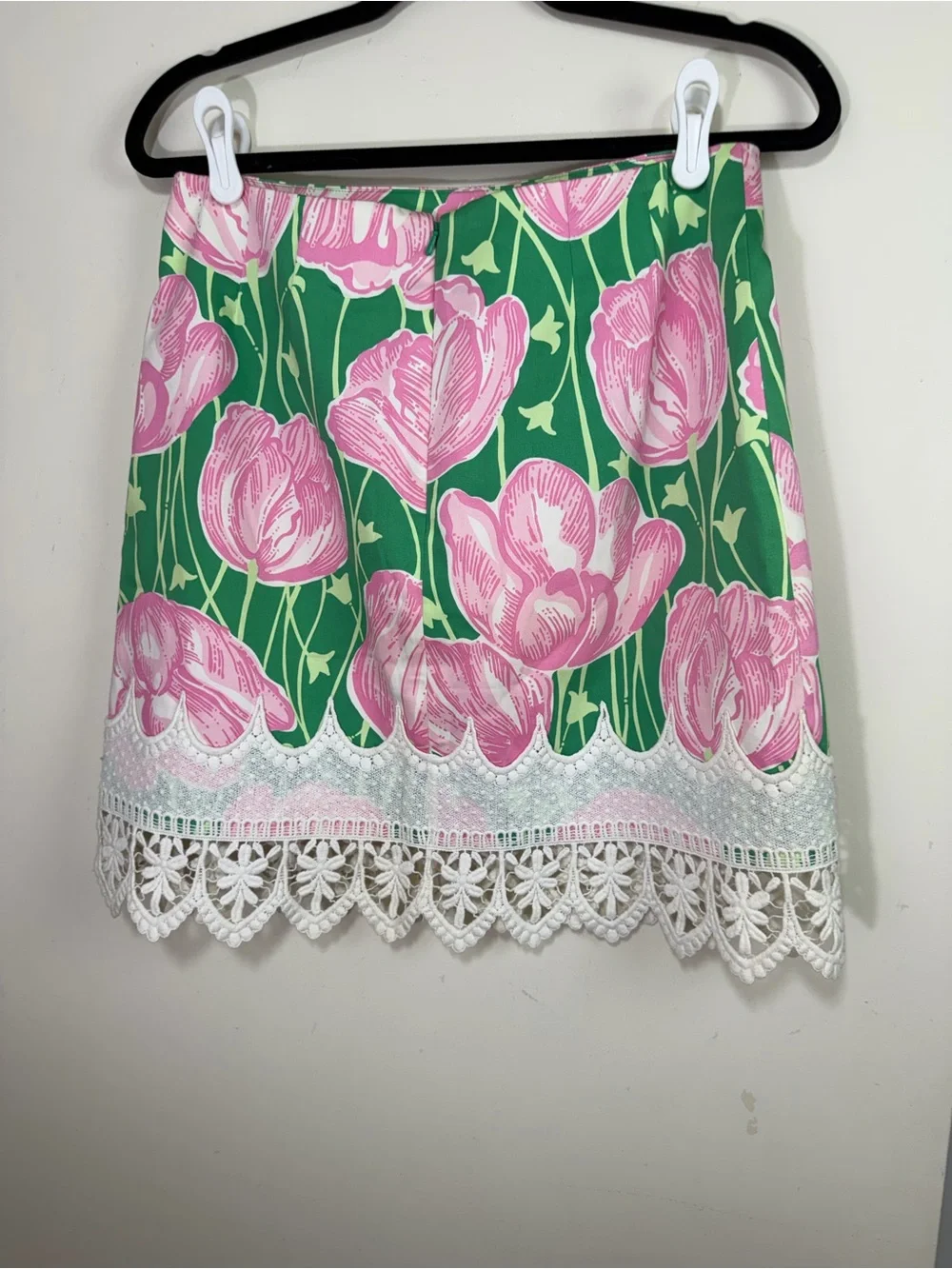 Lilly Pulitzer Pink Green Vintage Floral Tulips Lace Trim Cottagecore Skirt Sz 6